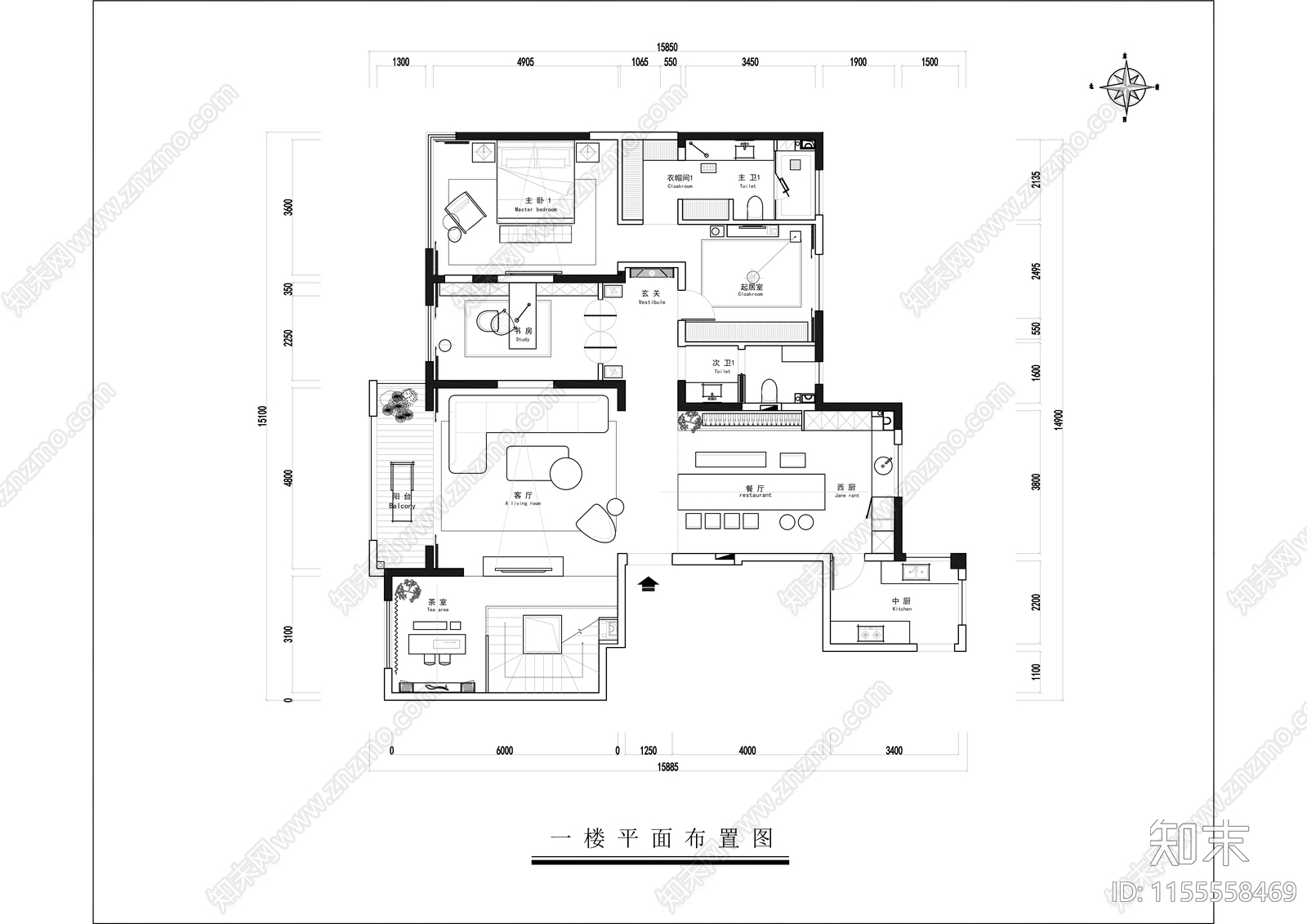 家装平面图cad施工图下载【ID:1155558469】