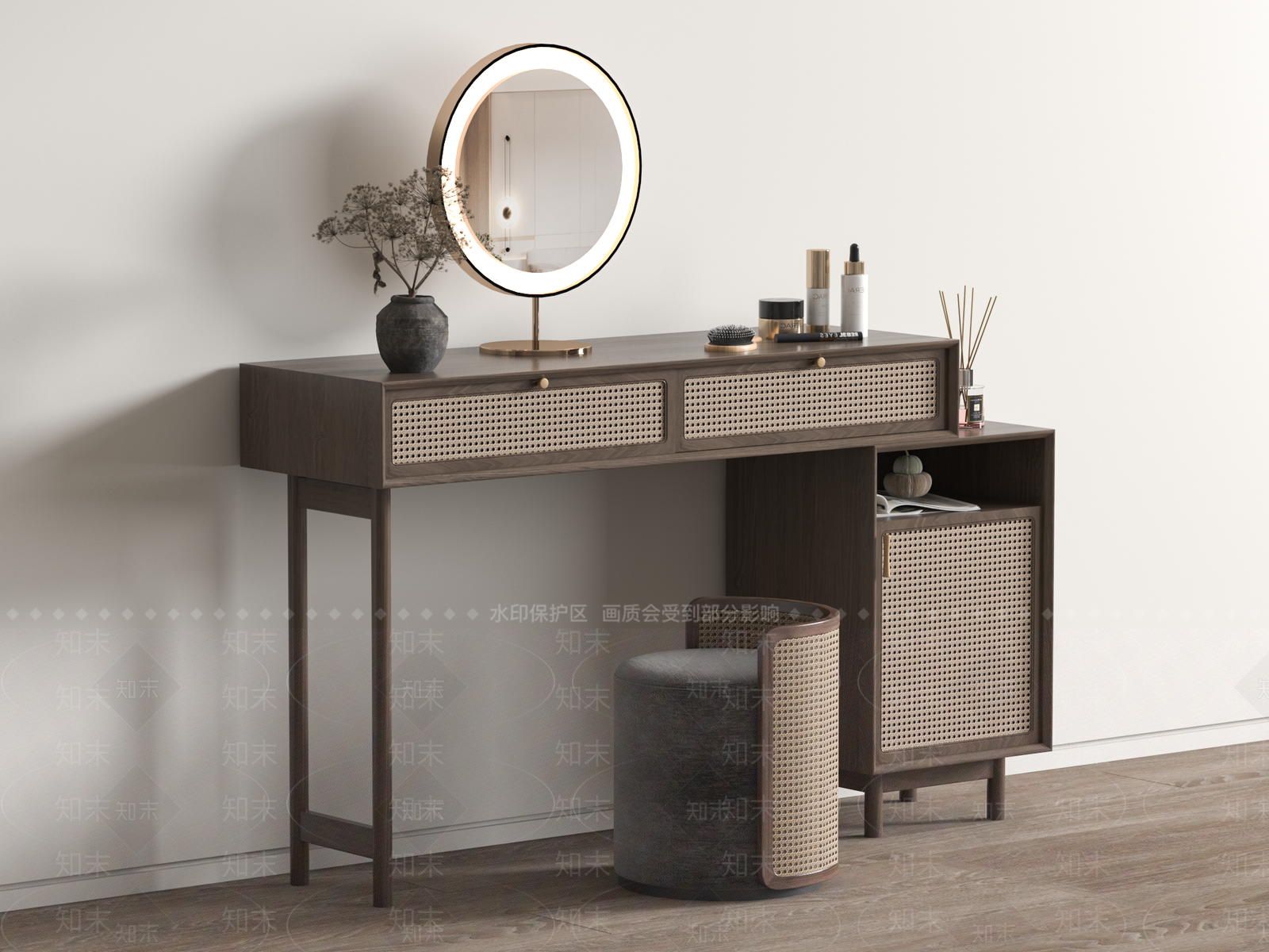 侘寂妆台妆凳组合3D模型下载【ID:1155563922】