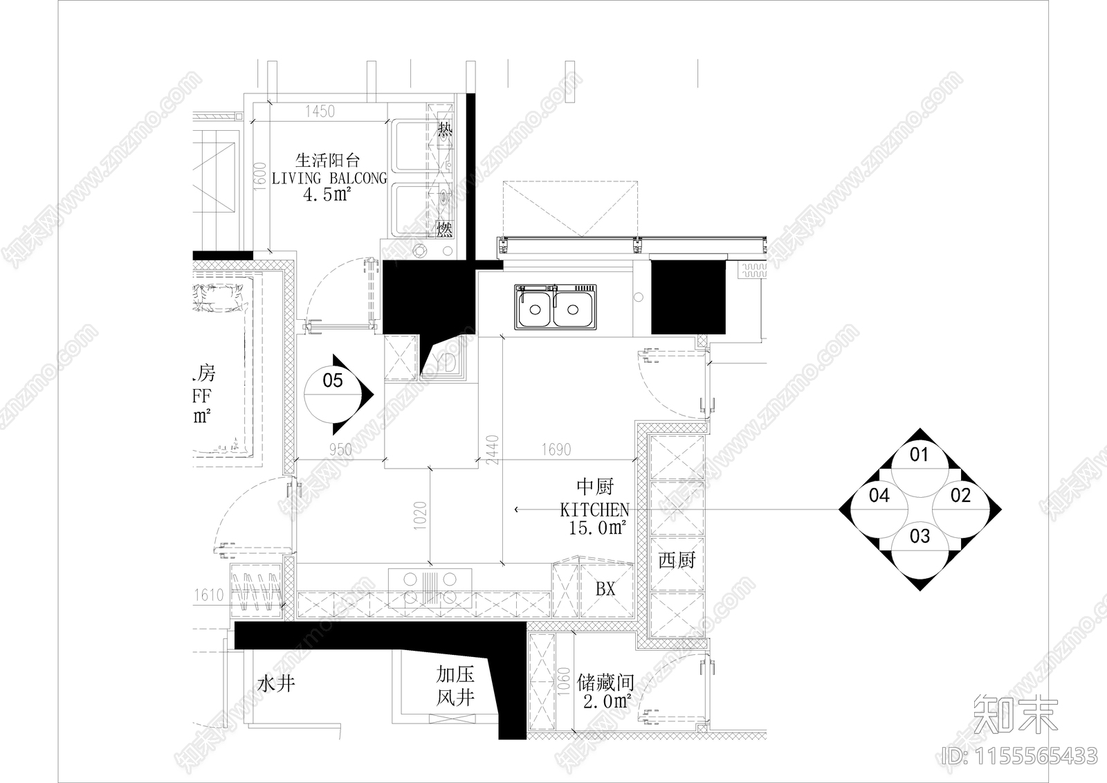 家居厨房cad施工图下载【ID:1155565433】