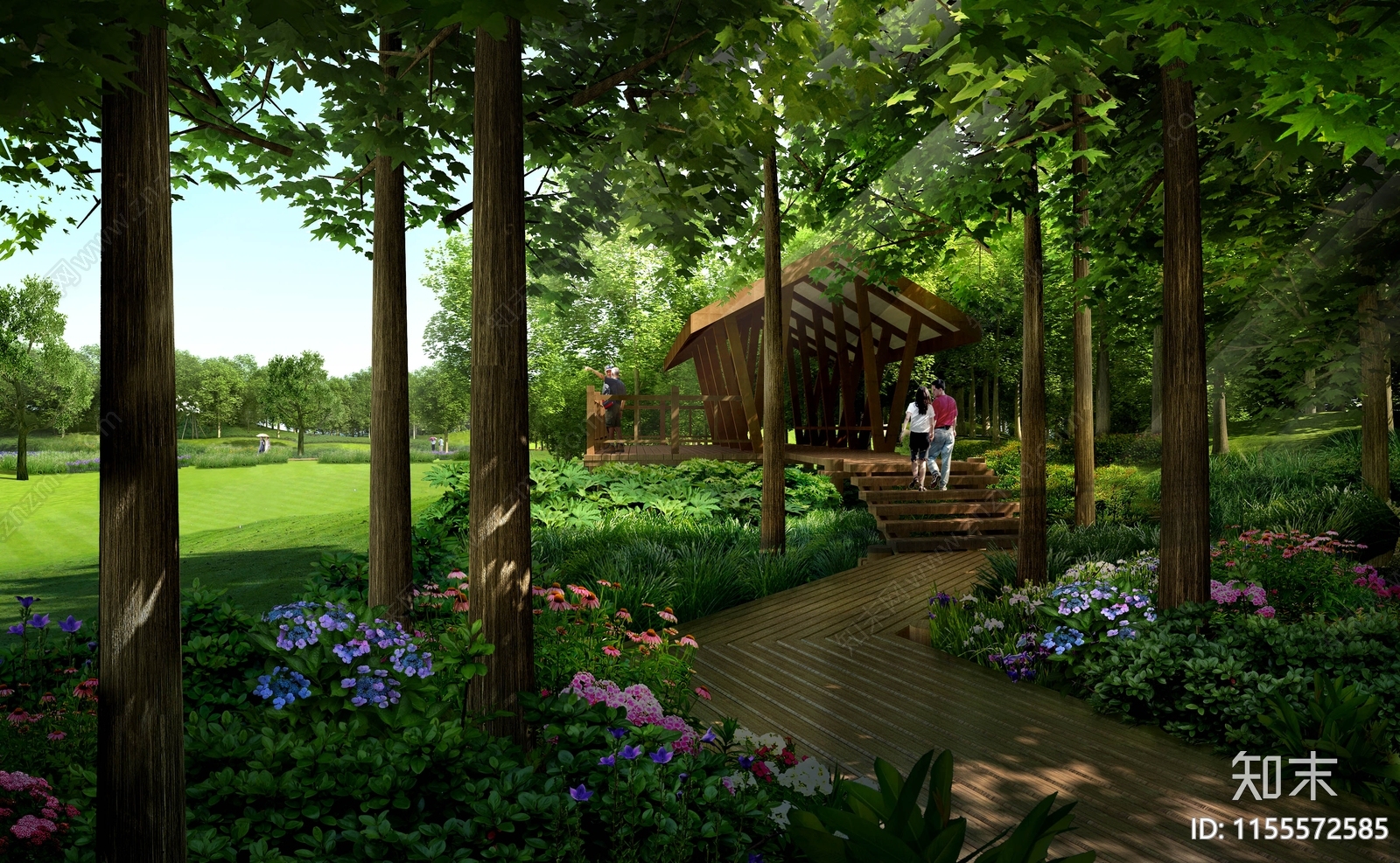 psd免抠公园林下花镜植物组团栈道空间凉亭贴图下载