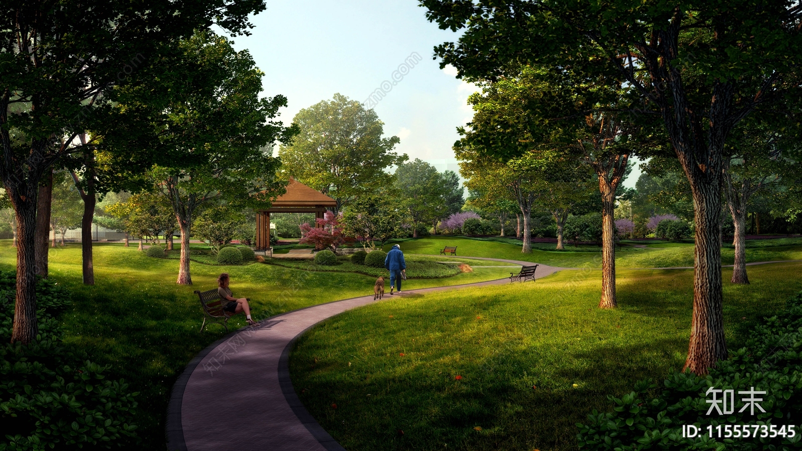 psd免抠公园林下草坪空间凉亭效果图贴图下载