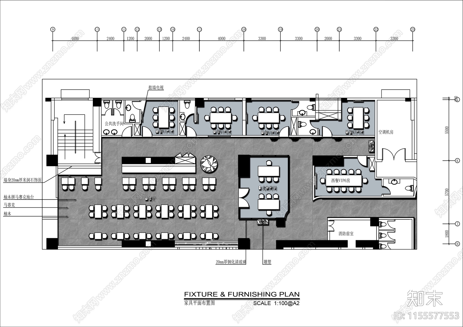 400㎡现代风格西餐厅平面布置图cad施工图下载【ID:1155577553】