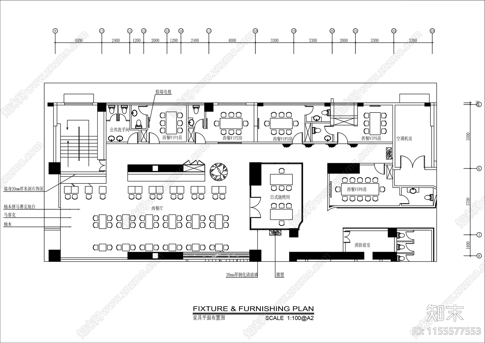 400㎡现代风格西餐厅平面布置图cad施工图下载【ID:1155577553】