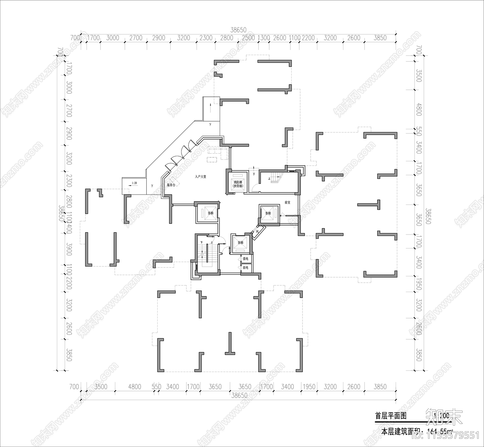 塔楼户型平面图cad施工图下载【ID:1155579551】