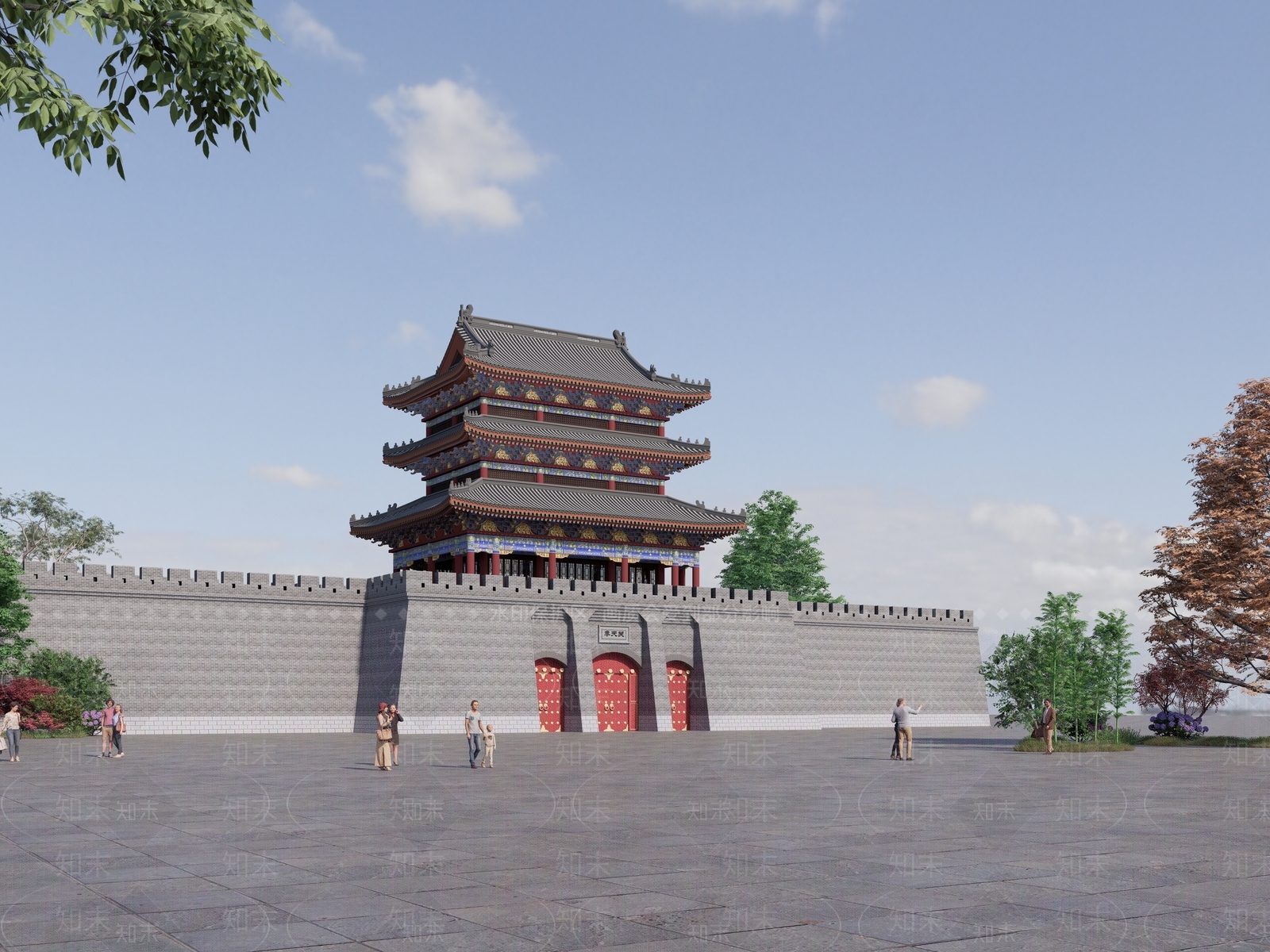 中式城门楼建筑SU模型下载【ID:1155590307】