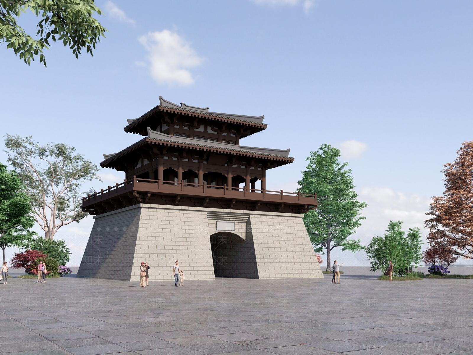 中式城门楼建筑SU模型下载【ID:1155590526】