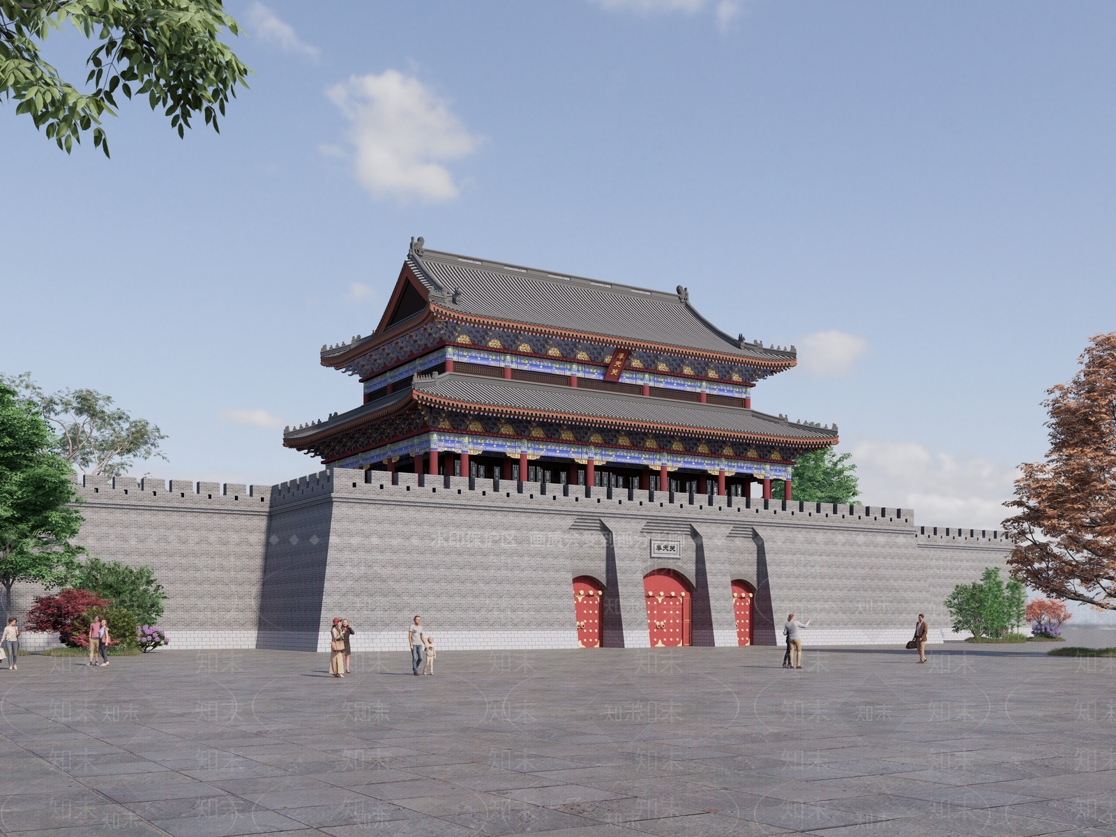 中式城门楼建筑SU模型下载【ID:1155590794】