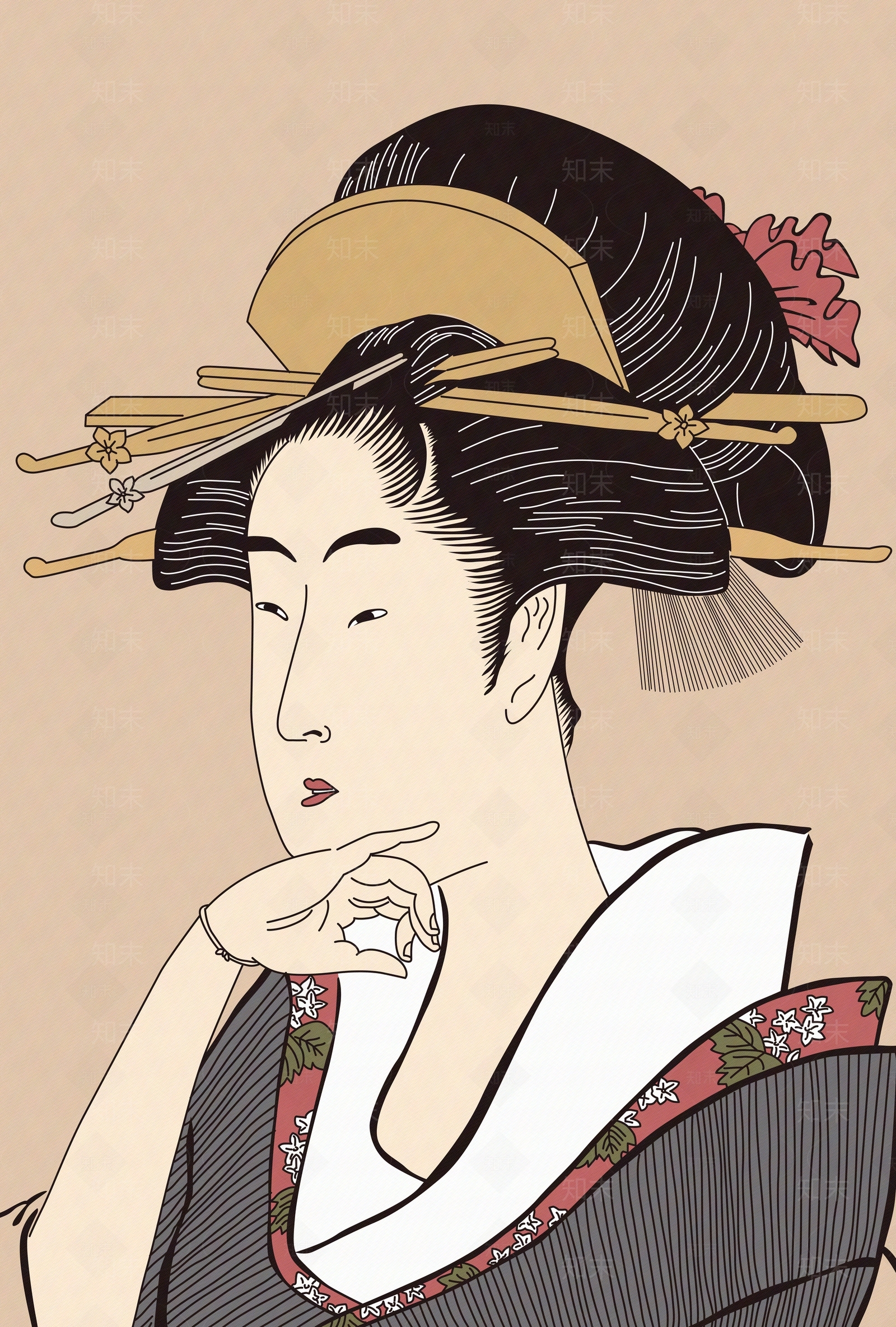 日式浮世绘和服人物装饰画贴图下载【ID:1155593918】