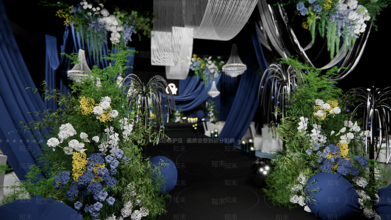 现代蓝色布幔小众婚礼宴会厅SU模型下载【ID:1155597832】