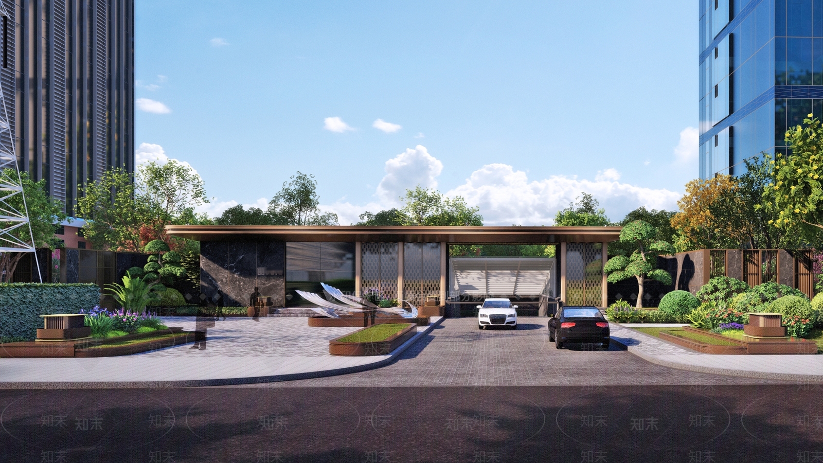 现代风格小区大门SU模型下载【ID:1155612494】