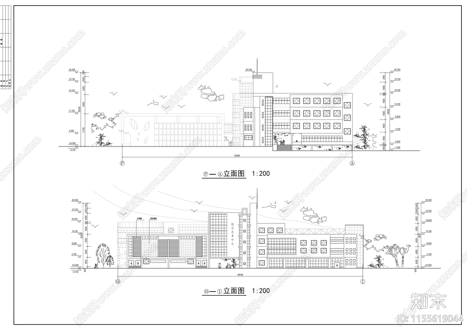 高校艺术中心设计cad施工图下载【ID:1155619044】