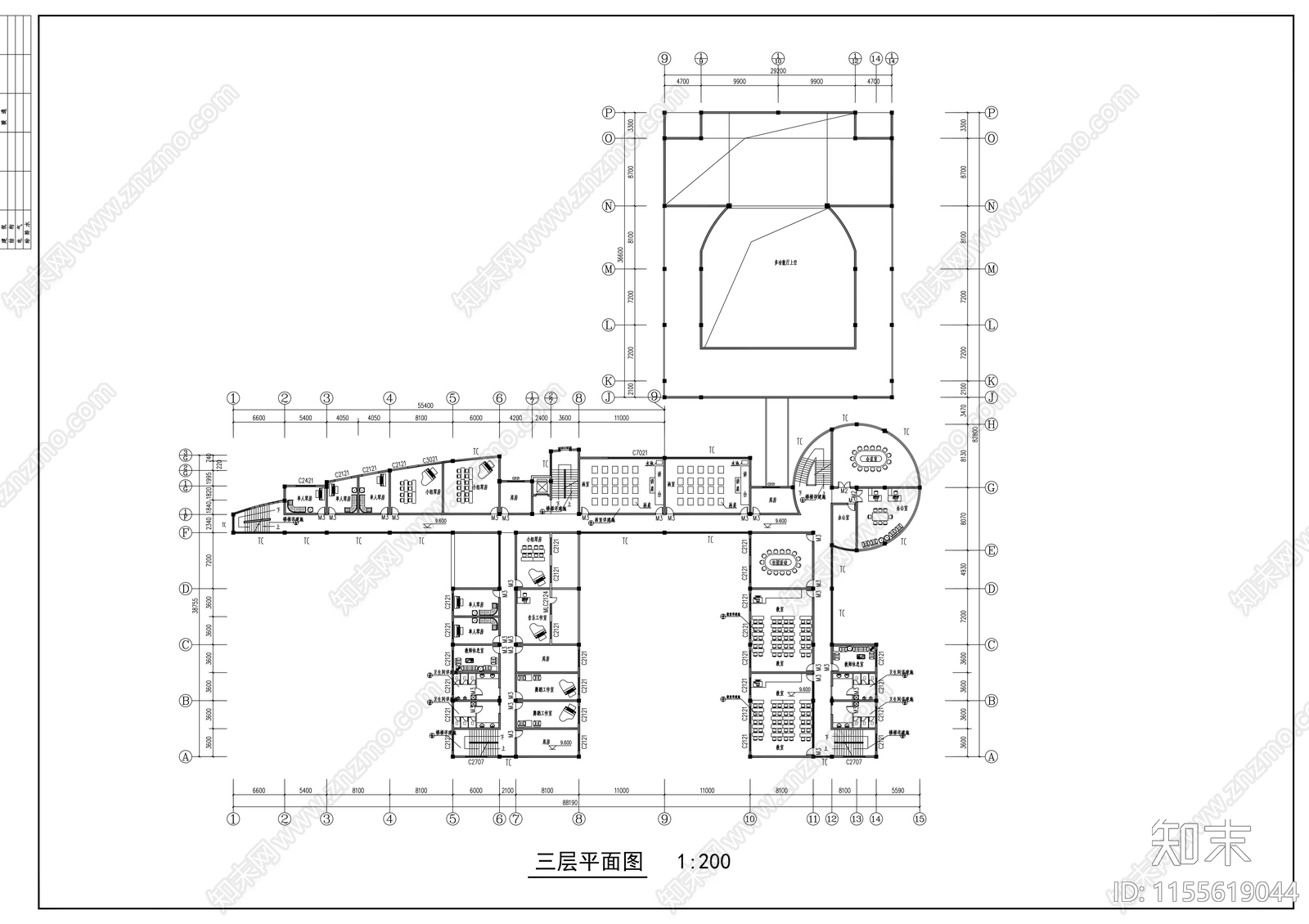 高校艺术中心设计cad施工图下载【ID:1155619044】