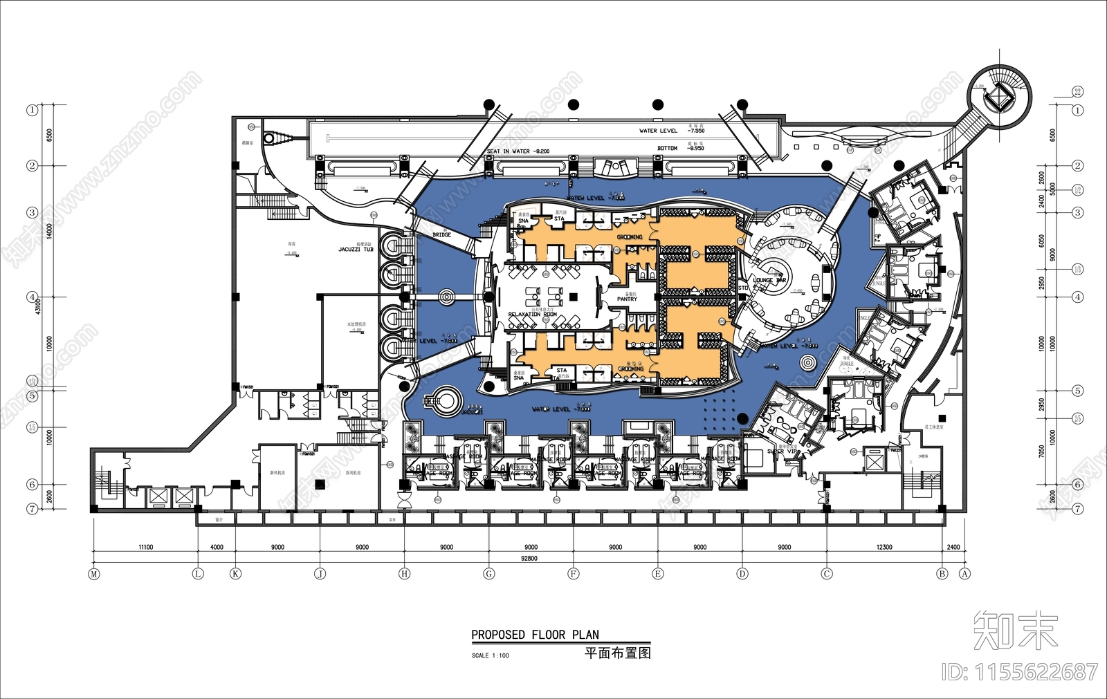 2000㎡酒店SPA水疗会所洗浴中心平面布置图施工图下载【ID:1155622687】