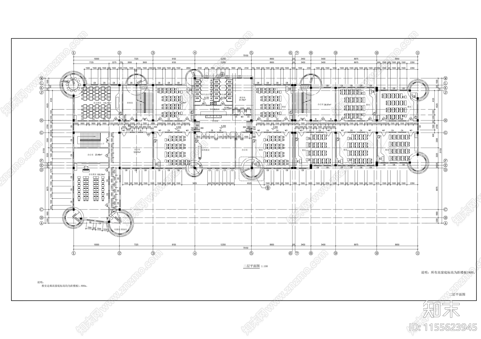 小学教学楼平面cad施工图下载【ID:1155623945】