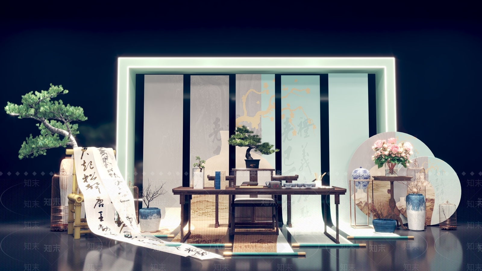 中式DP互动合影竹椅条案竖幅盆景松树美陈SU模型下载【ID:1155681798】