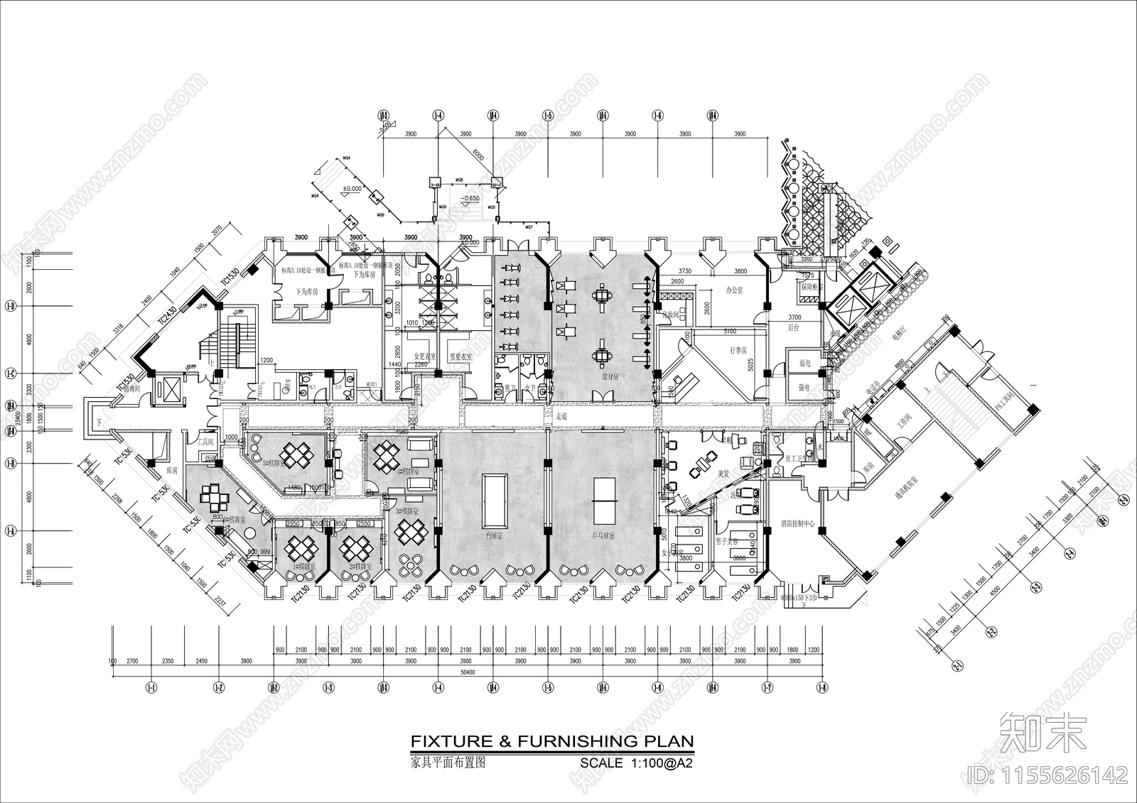 900㎡酒店棋牌健身综合休闲会所平面布置图施工图下载【ID:1155626142】