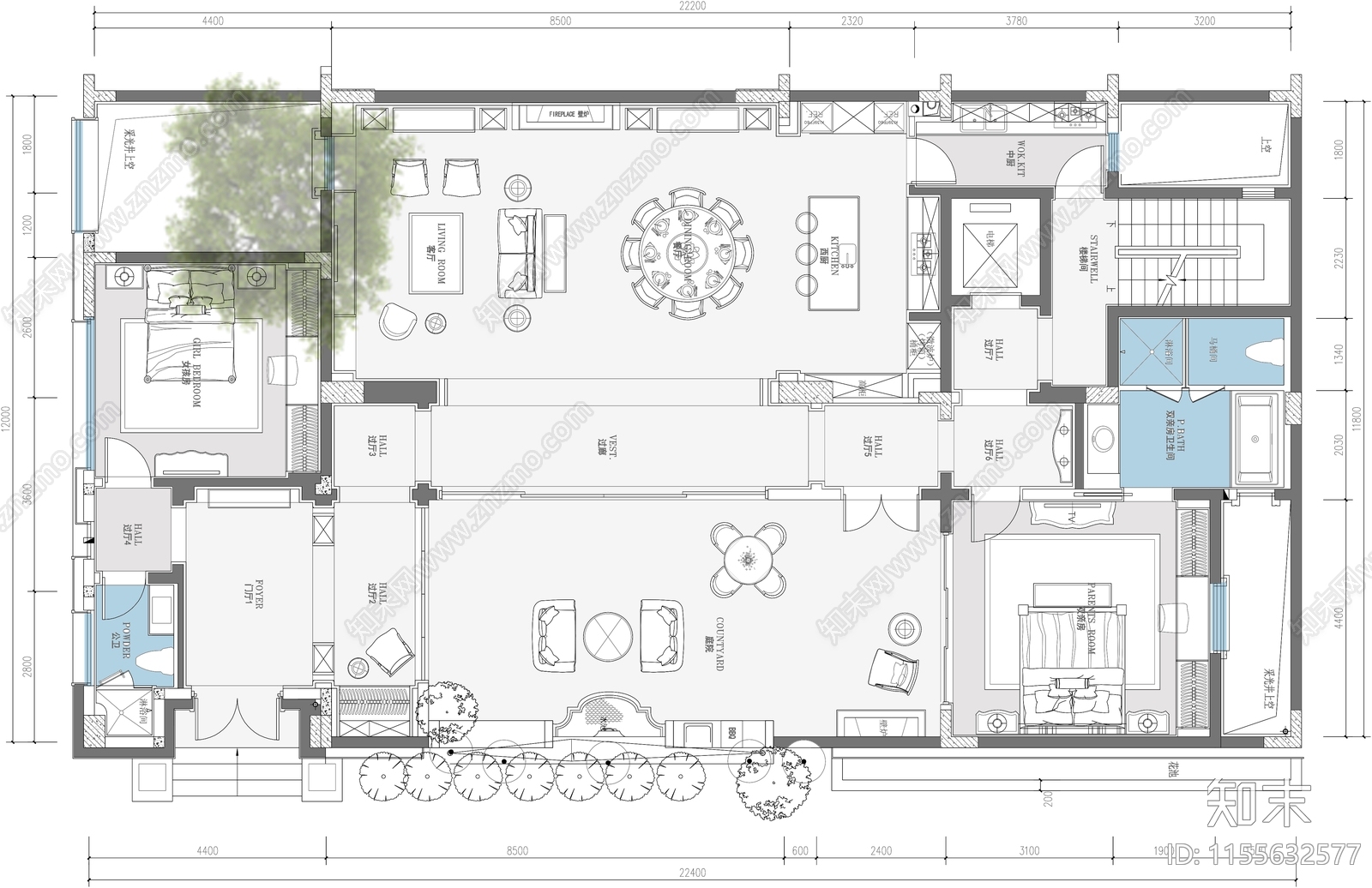 私人别墅260平别墅一层平面布置图cad施工图下载【ID:1155632577】