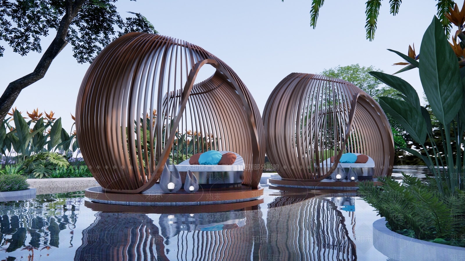 现代度假泳池鸟笼廊架SU模型下载【ID:1155633553】