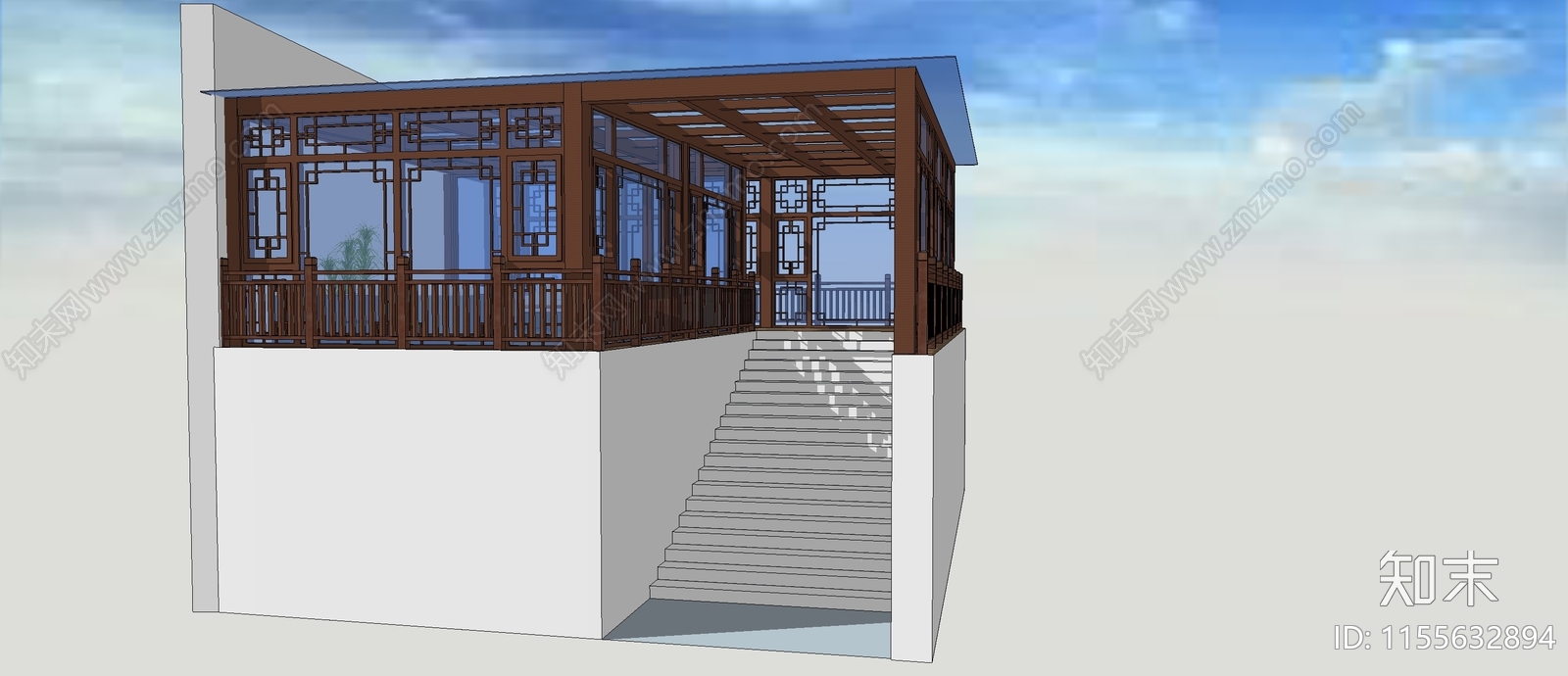 新中式露台斜坡顶阳光房SU模型下载【ID:1155632894】