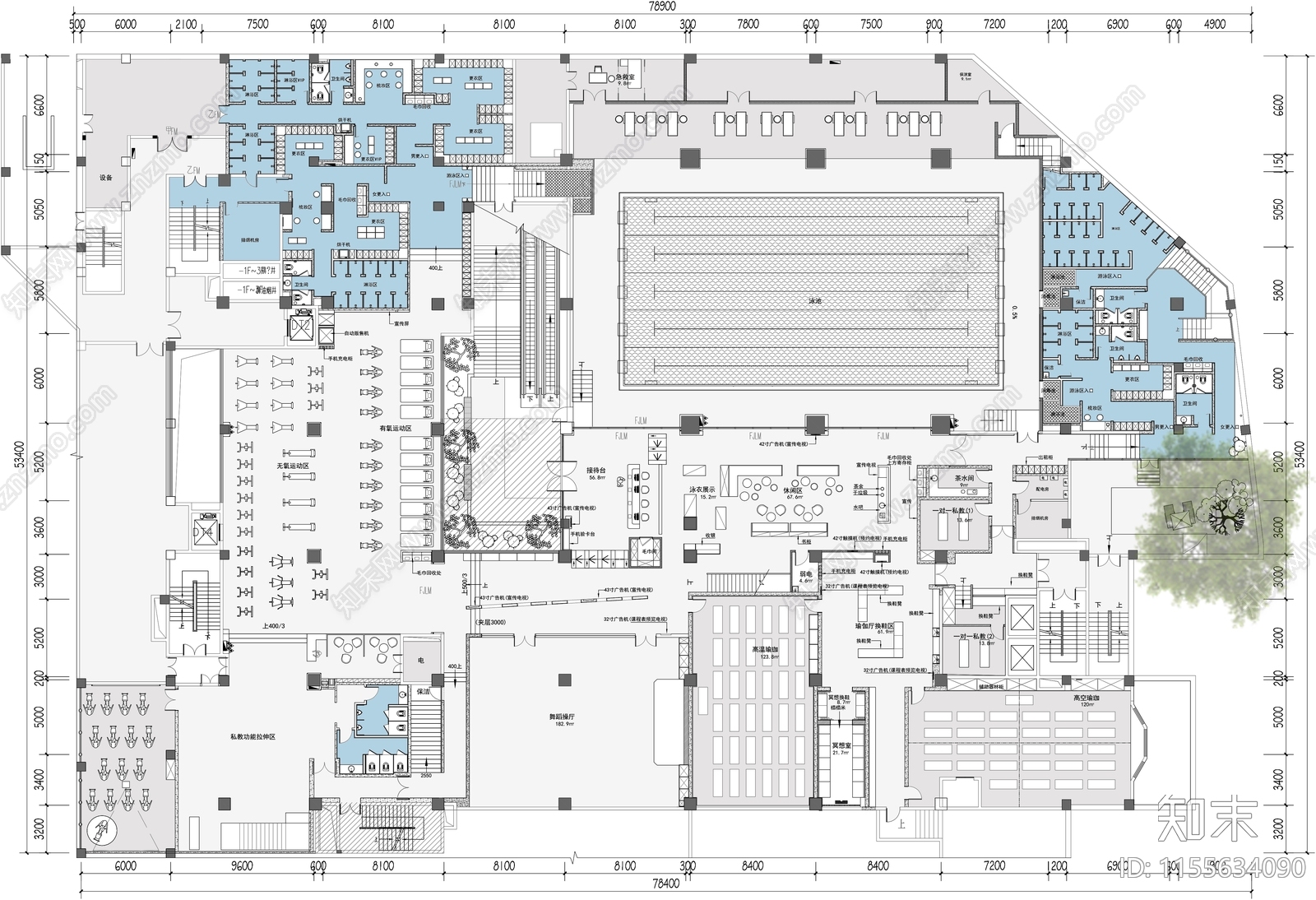 4000平健身瑜伽馆平面布置图施工图下载【ID:1155634090】