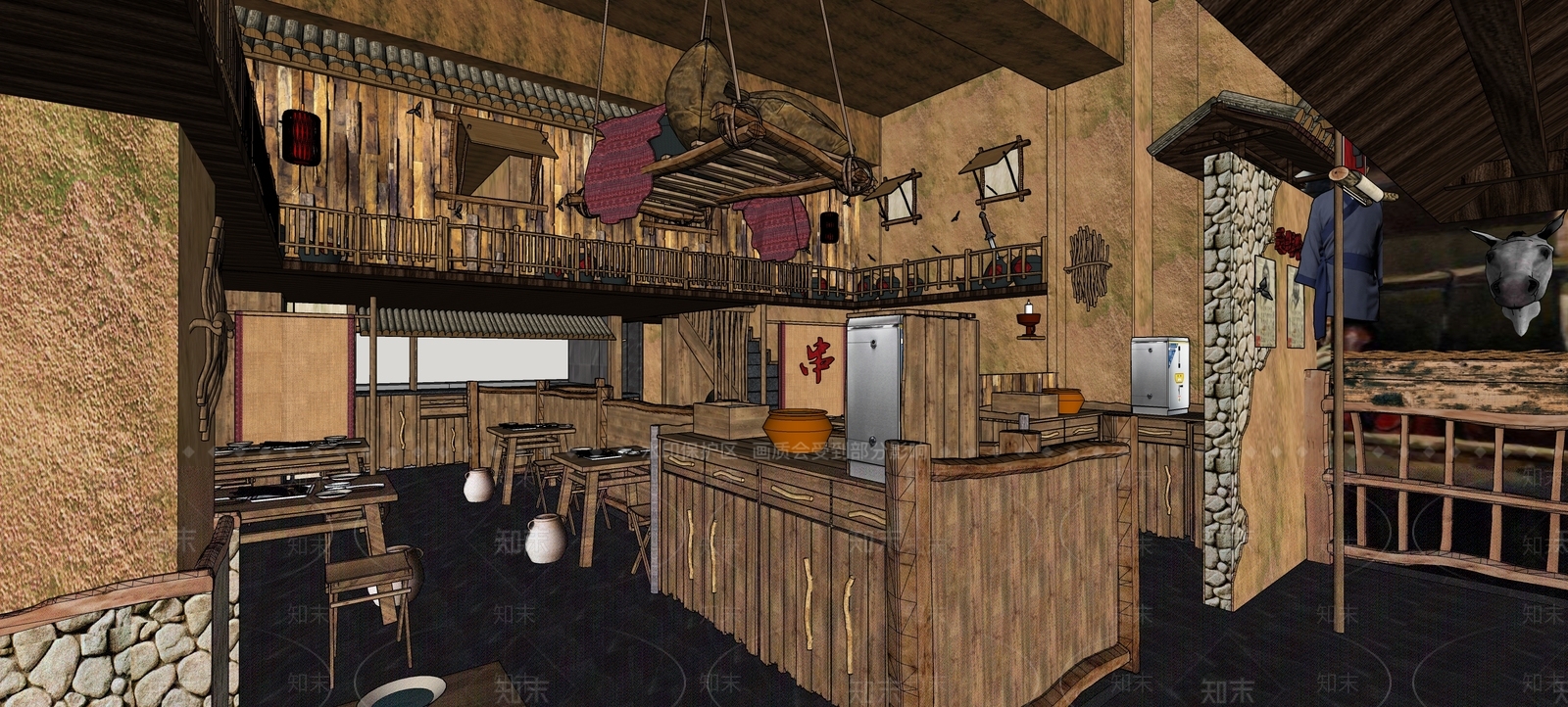中式复古烧烤店SU模型下载【ID:1155637797】