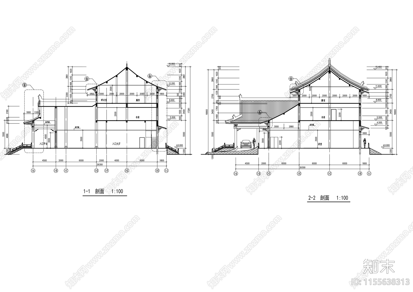 三层仿古图书馆建筑cad施工图下载【ID:1155638313】