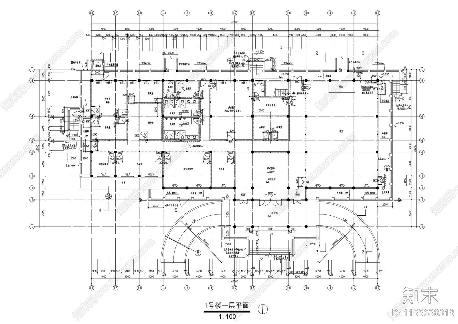 三层仿古图书馆建筑cad施工图下载【ID:1155638313】