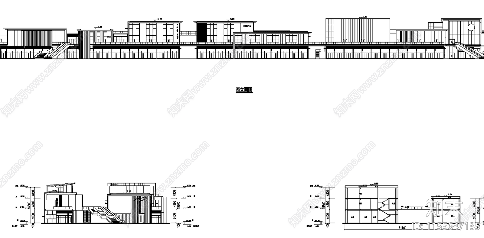 现代商业街平立剖面图效果图cad施工图下载【ID:1155647135】