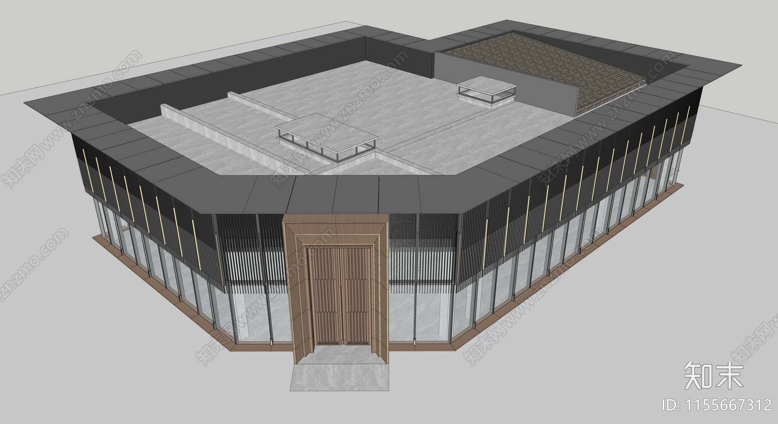 龙湖现代风格转角格栅1F售楼处SU模型下载【ID:1155667312】