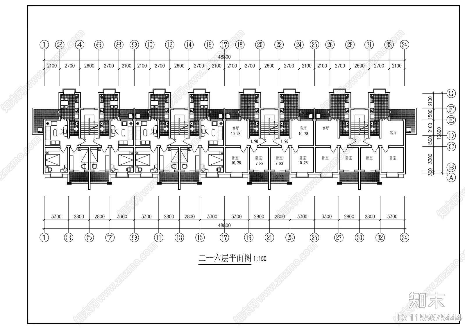 研究生公寓建筑cad施工图下载【ID:1155675444】