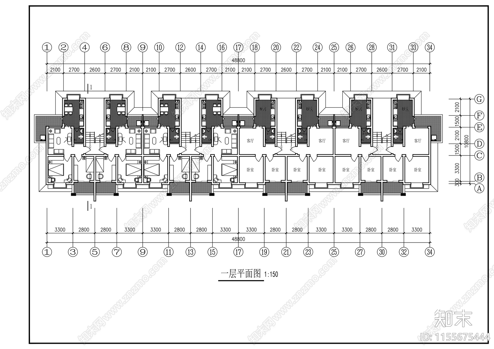 研究生公寓建筑cad施工图下载【ID:1155675444】