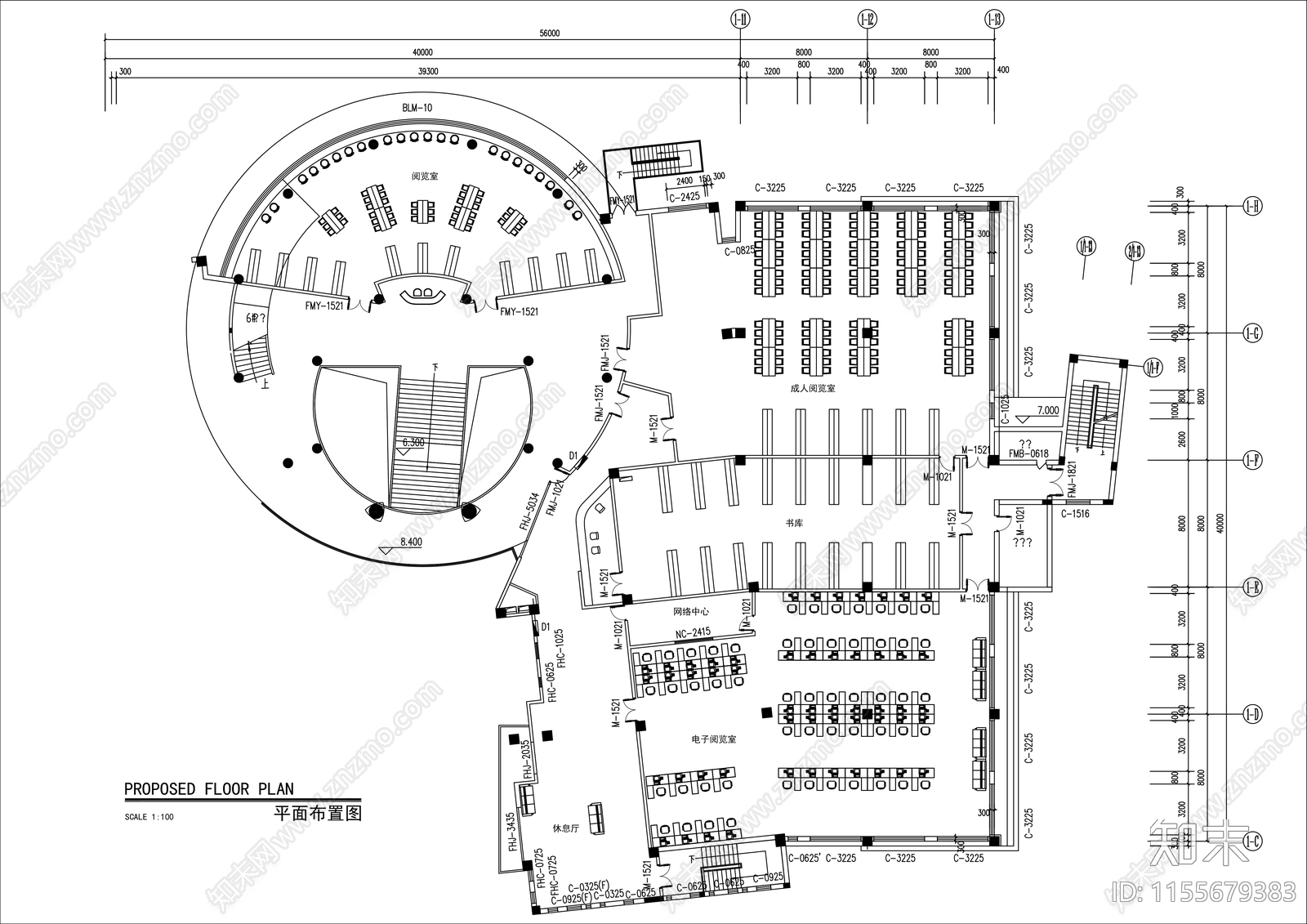 1500㎡图书馆平面布置图cad施工图下载【ID:1155679383】