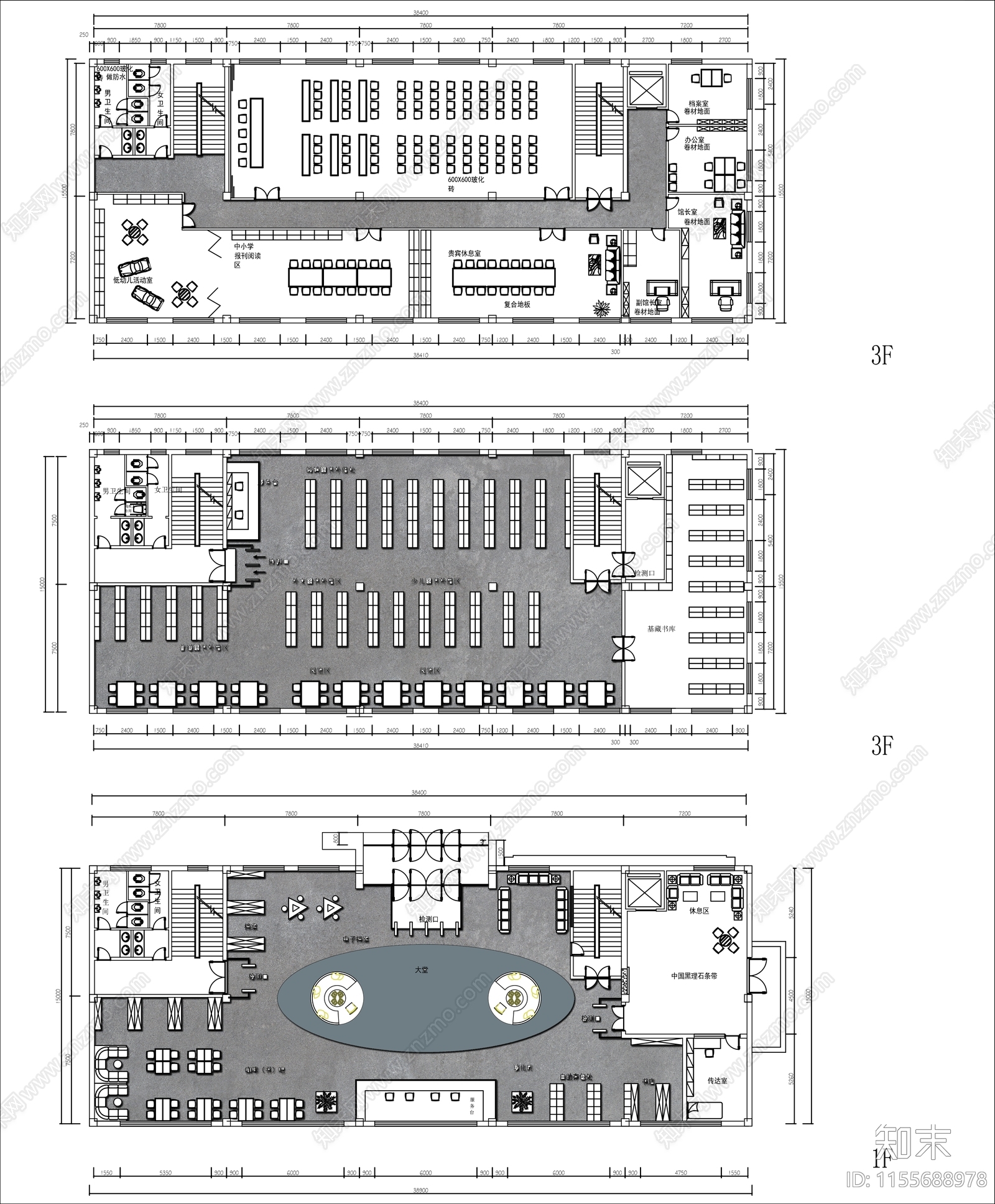 2000㎡三层图书馆平面布置图cad施工图下载【ID:1155688978】