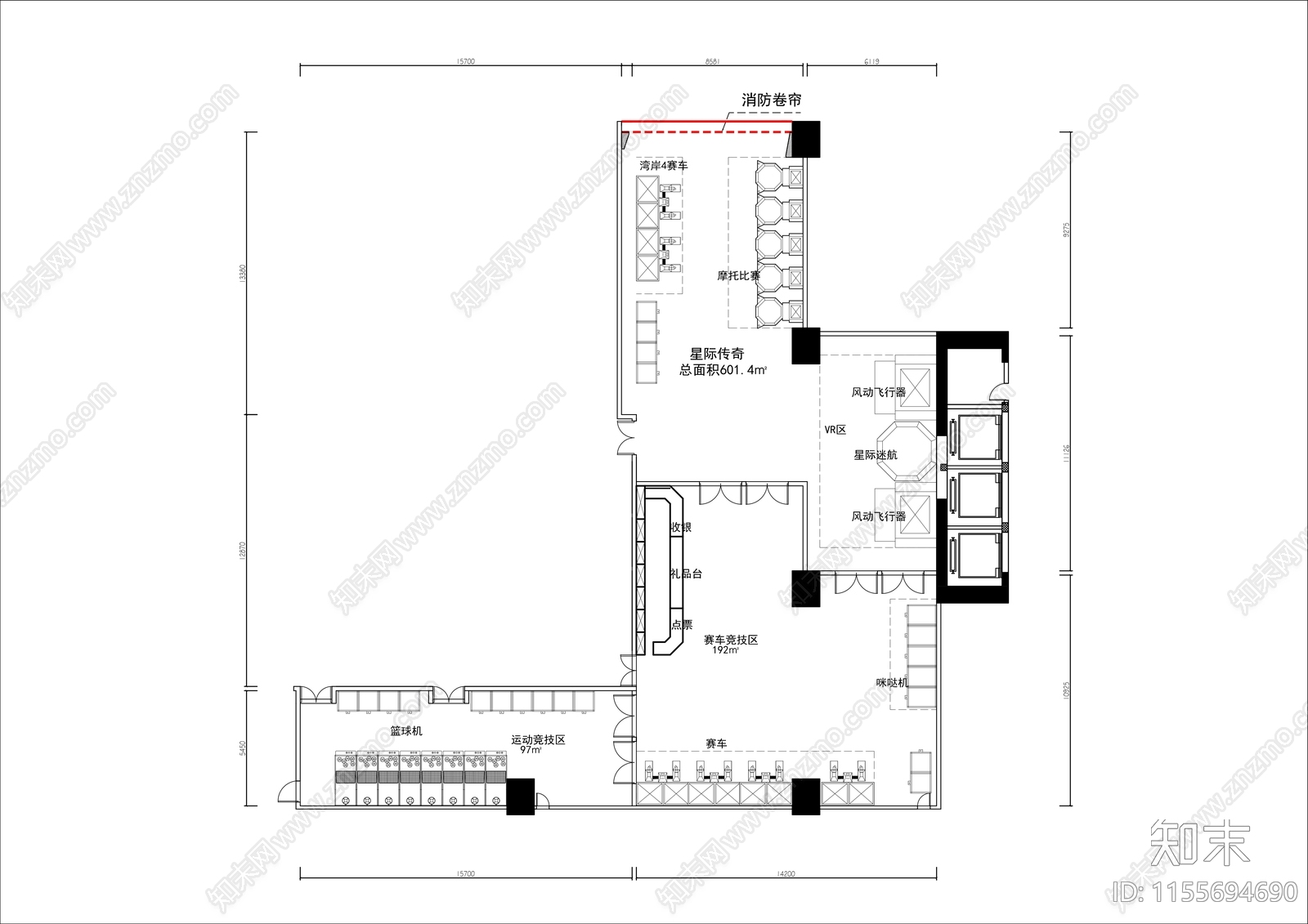 700㎡电玩城平面布置图cad施工图下载【ID:1155694690】