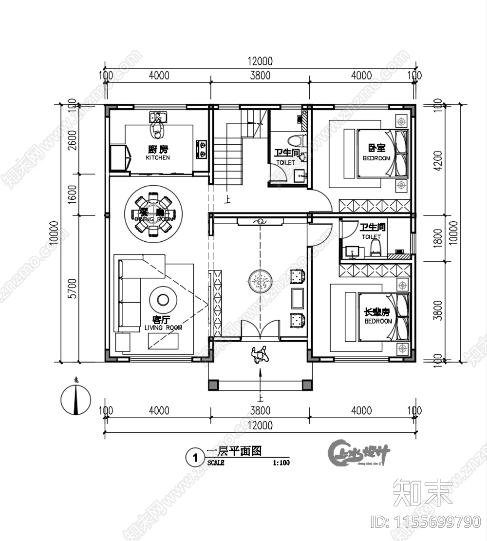 120平米农村自建房室内平面图施工图下载【ID:1155699790】