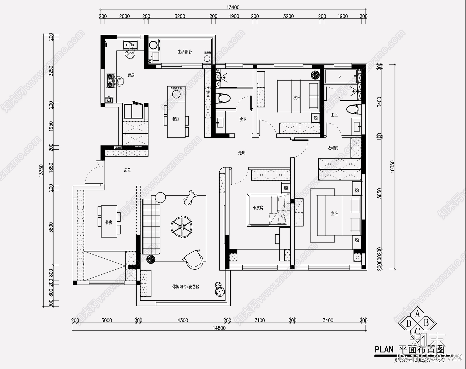 现代奶油风平层室内cad施工图下载【ID:1155707729】