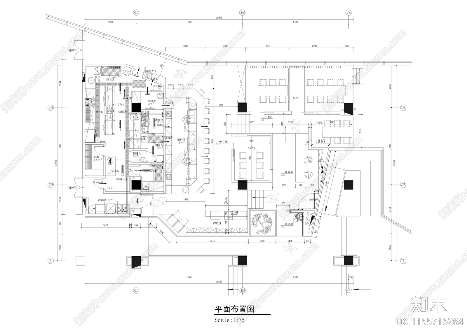 日式料理店餐厅餐饮空间施工图下载【ID:1155716264】