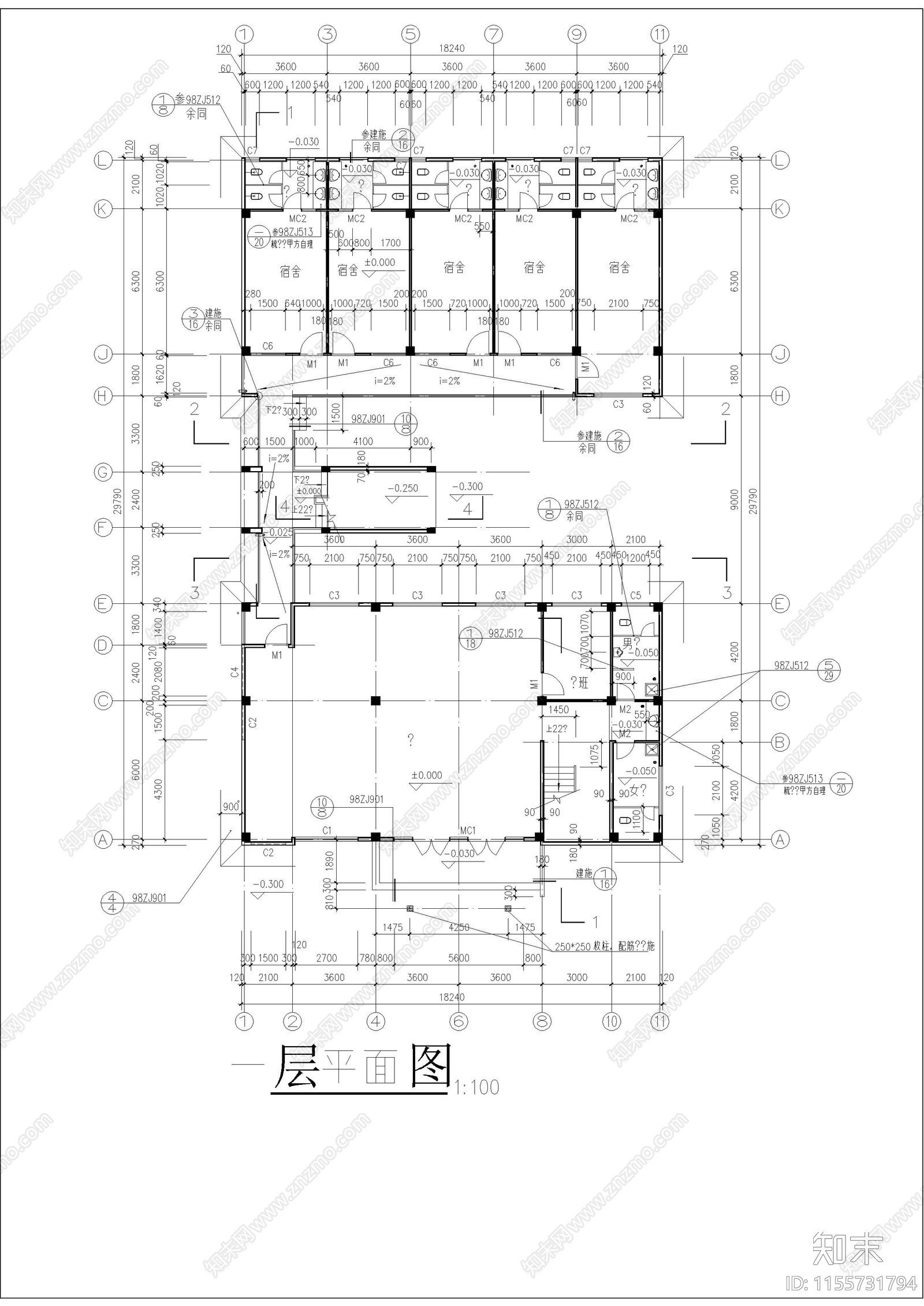 5层宿舍综合楼建筑cad施工图下载【ID:1155731794】