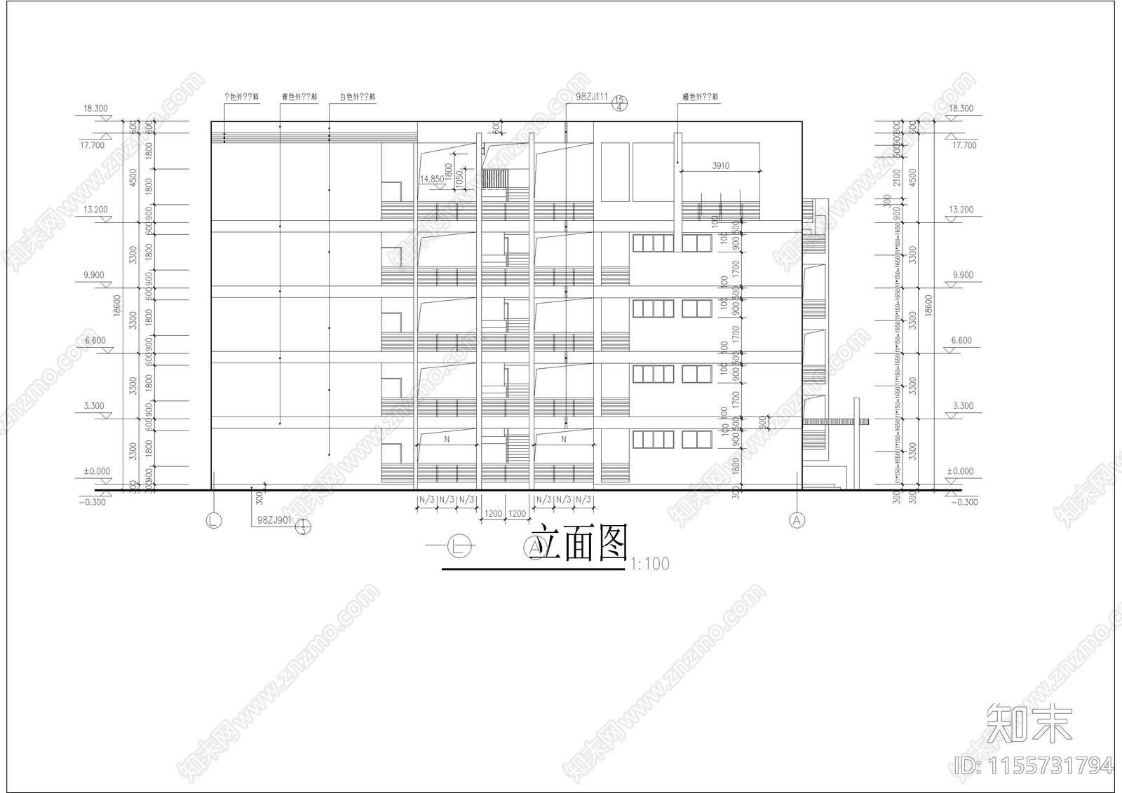 5层宿舍综合楼建筑cad施工图下载【ID:1155731794】