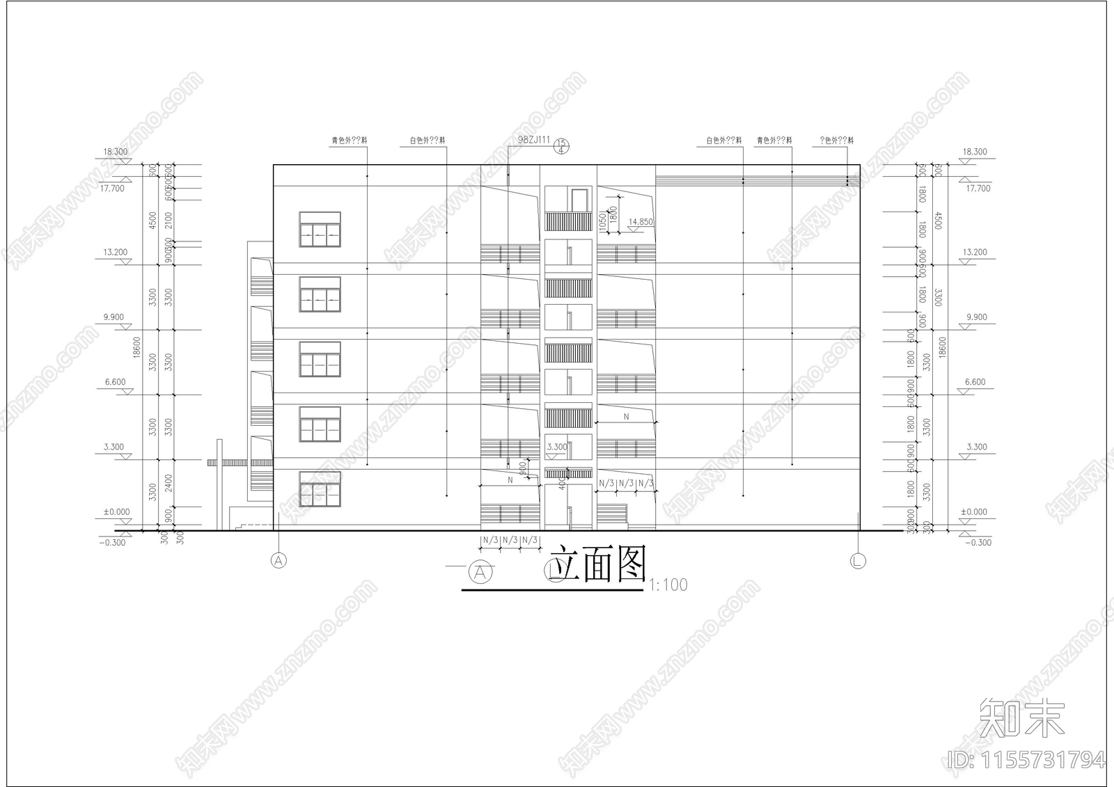 5层宿舍综合楼建筑cad施工图下载【ID:1155731794】