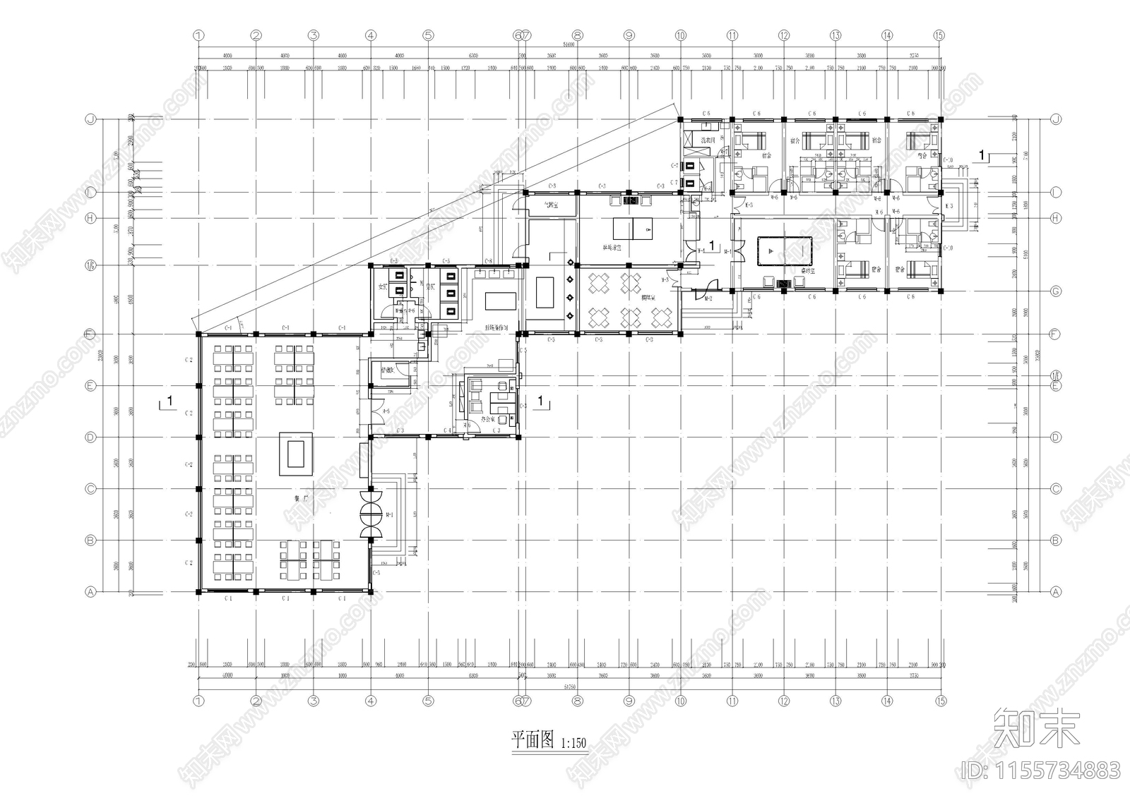 单层餐厅娱乐宿舍综合建筑方案图cad施工图下载【ID:1155734883】