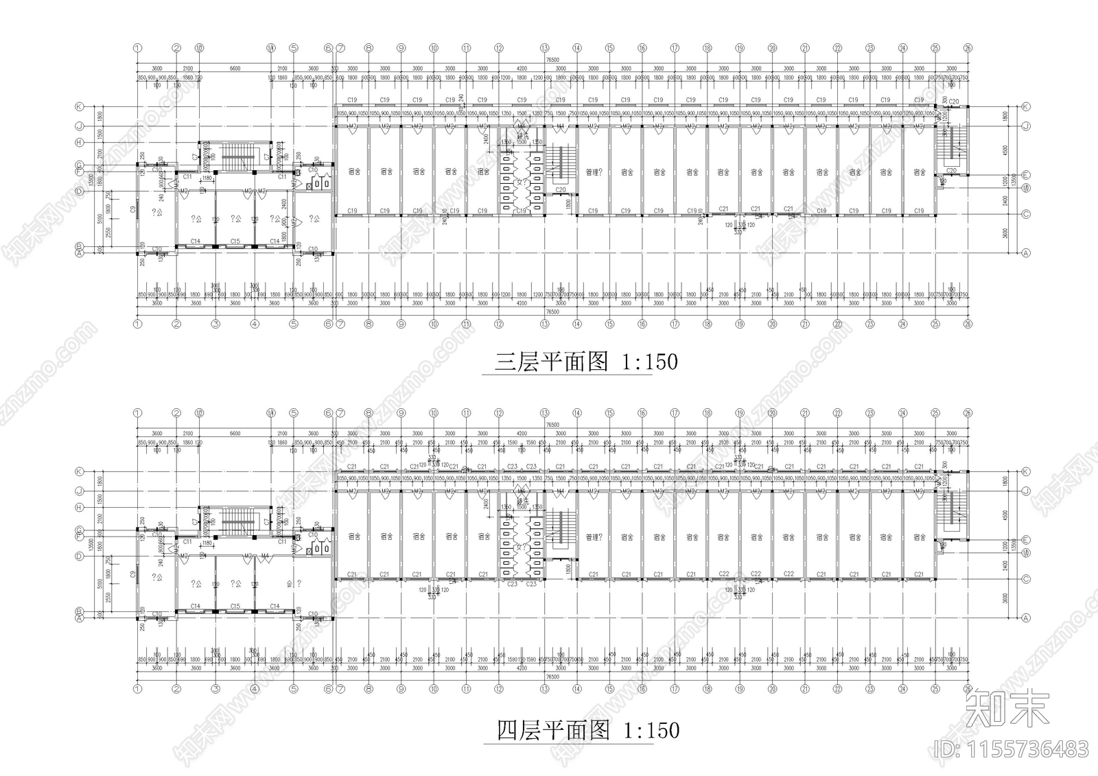 4层宿舍楼建施图cad施工图下载【ID:1155736483】