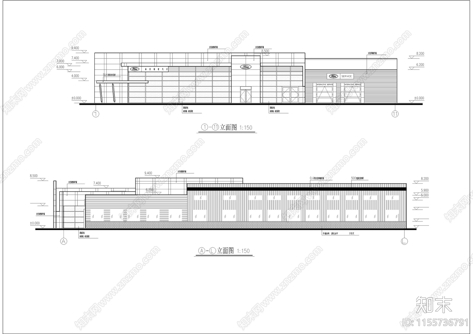 福特4S店建筑图cad施工图下载【ID:1155736791】