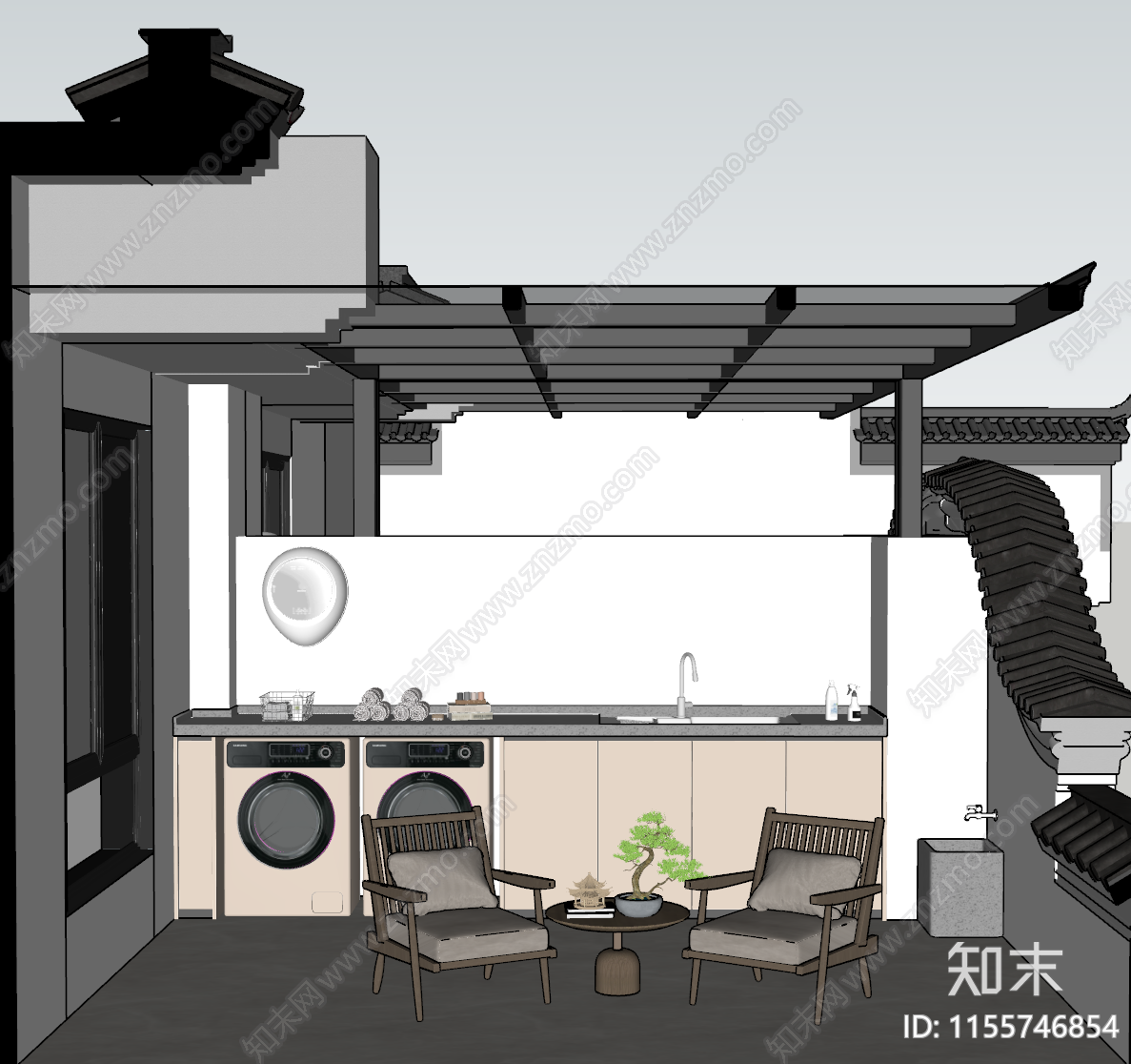 新中式家居阳台SU模型下载【ID:1155746854】