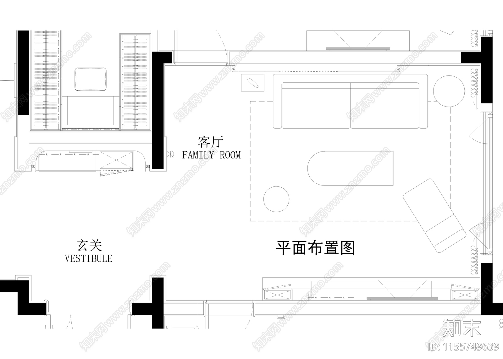 家居客厅cad施工图下载【ID:1155749639】