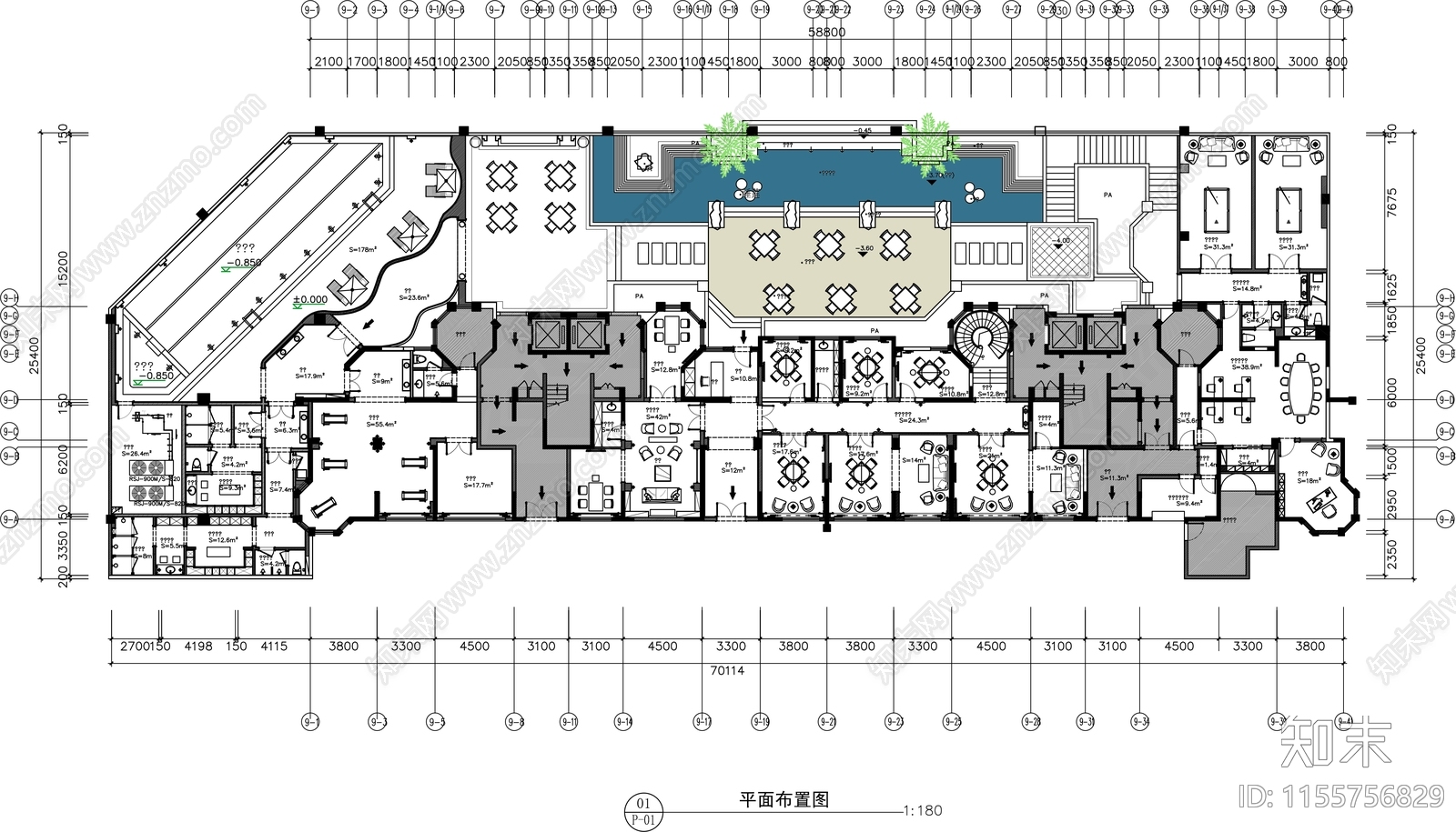 1500㎡棋牌休闲会所平面布置图cad施工图下载【ID:1155756829】