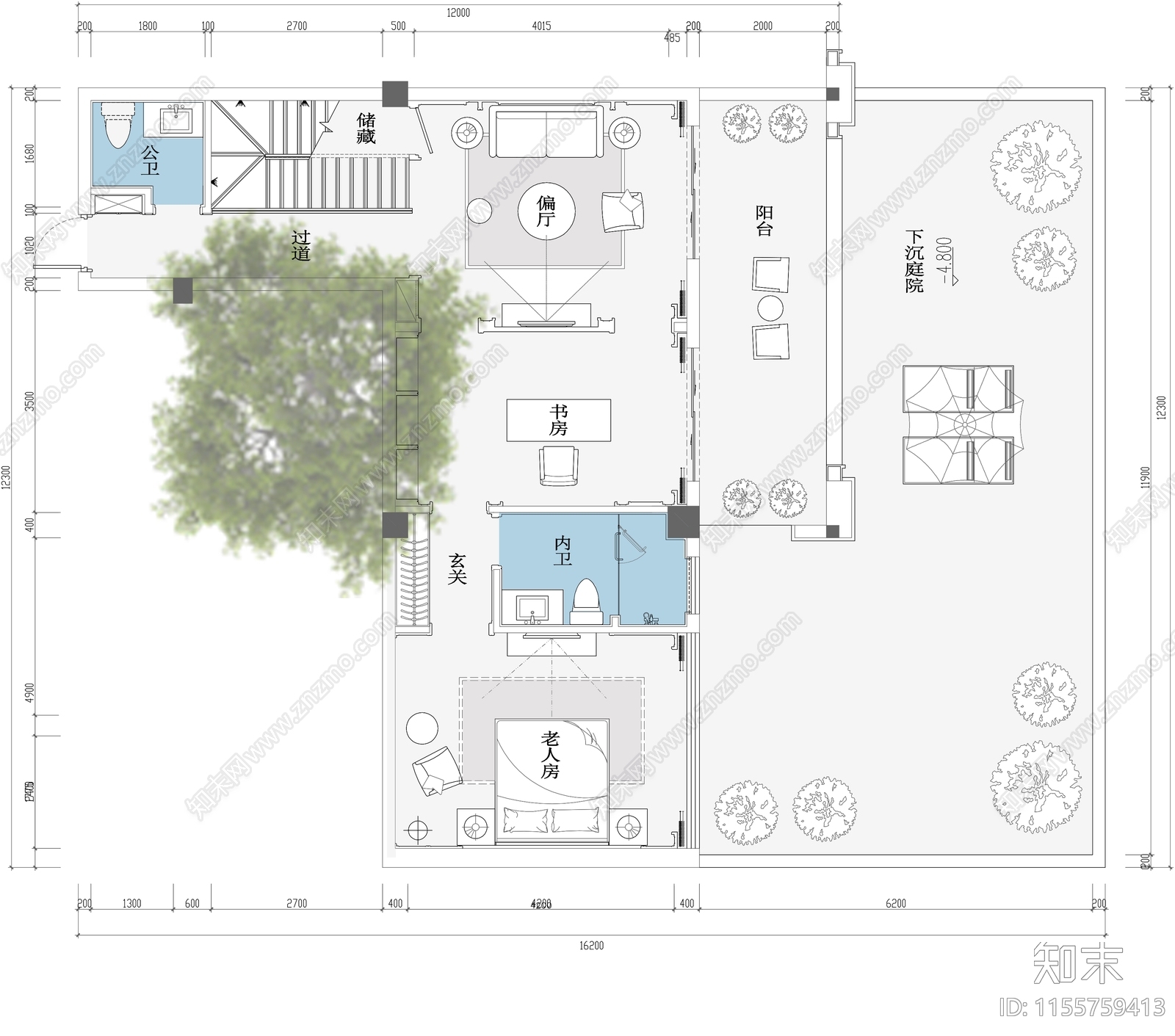 600平独栋别墅三层平面布置图cad施工图下载【ID:1155759413】