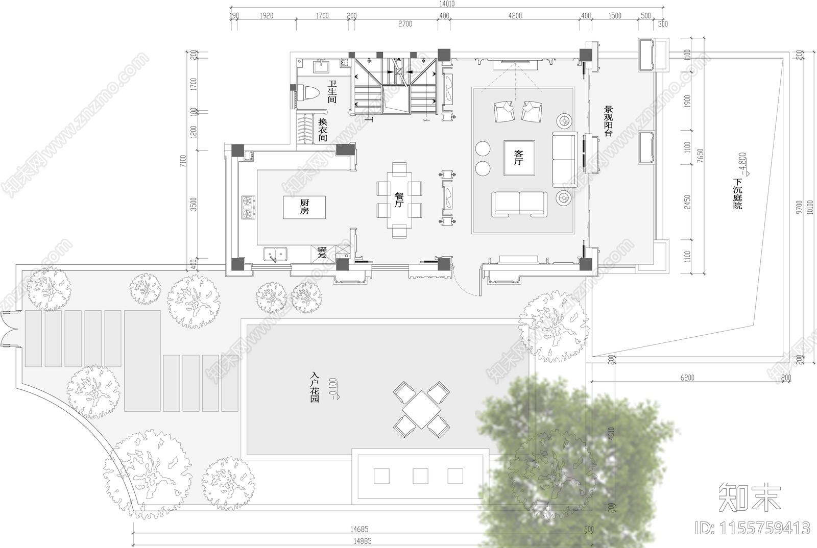 600平独栋别墅三层平面布置图cad施工图下载【ID:1155759413】