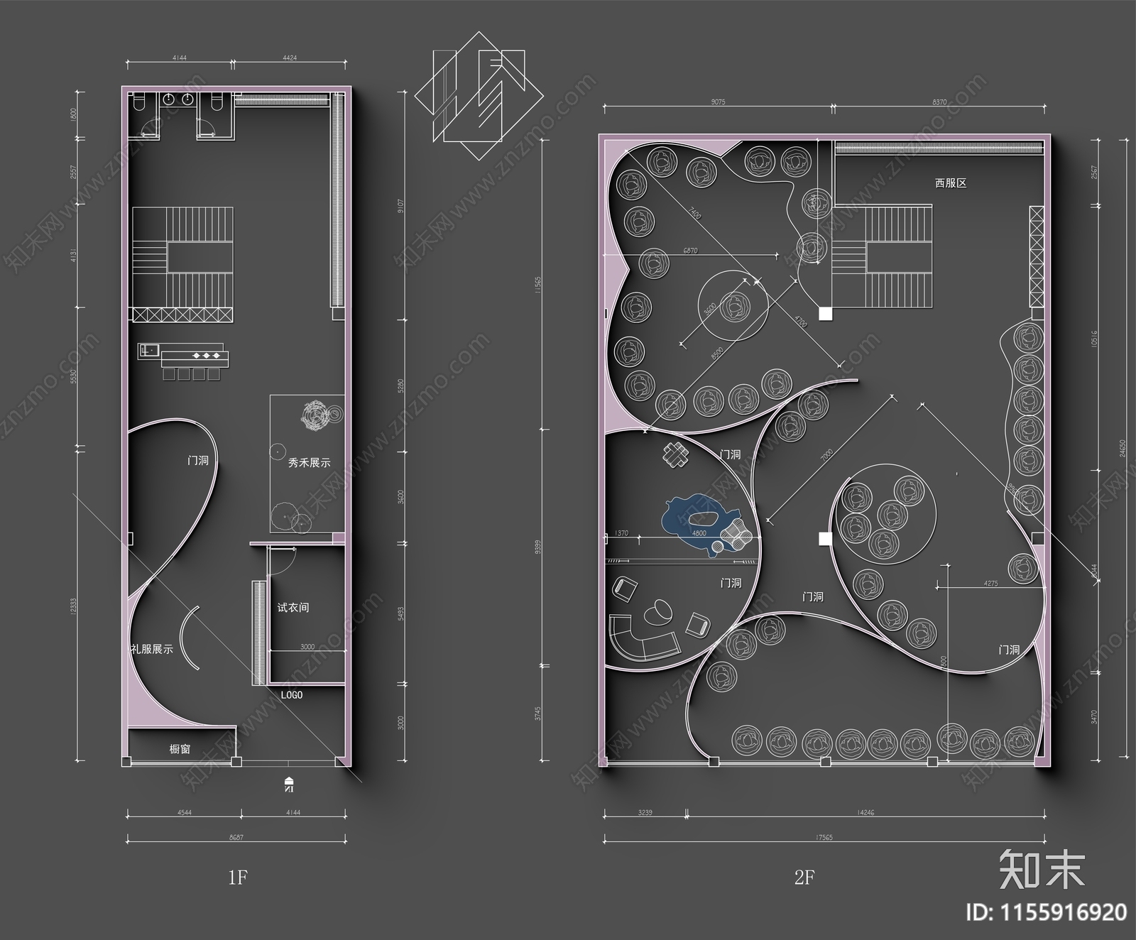 600㎡两层创意婚纱店平面布置图施工图下载【ID:1155916920】
