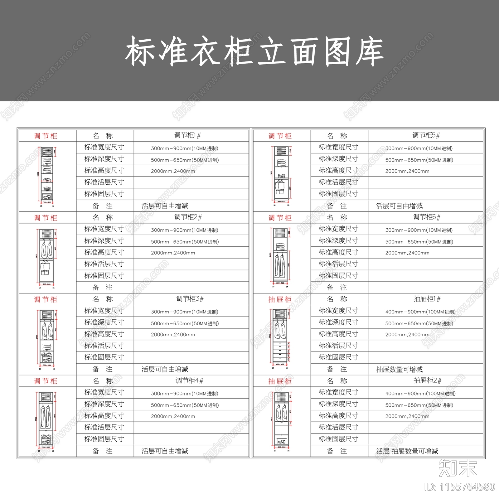 标准衣柜立面图库cad施工图下载【ID:1155764580】